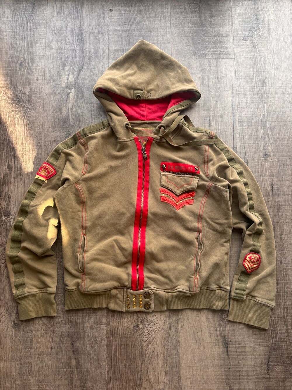 Pepe Jeans London Vintage Y2K Military Style Full-Zip Hoodie with Rhinestones